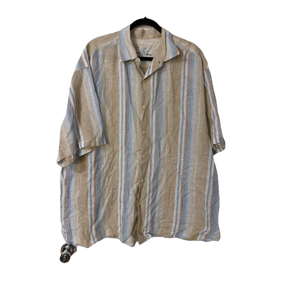 Tommy Bahama Shirt Mens 1XB 100% Linen  White‎ Tan  Blue Stripe Boho Resortwear